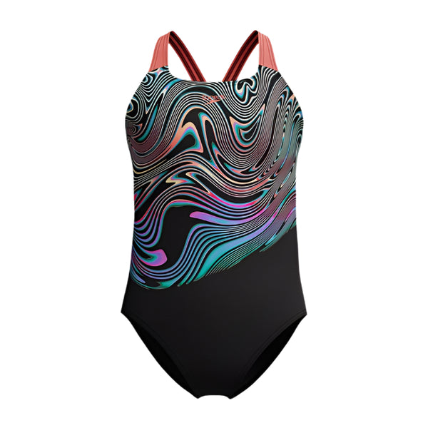 Speedo’s Girls Placement Powerback Swimsuit Black/Orange