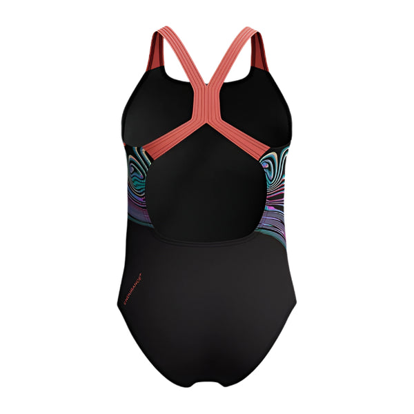 Speedo’s Girls Placement Powerback Swimsuit Black/Orange