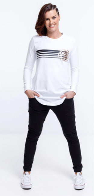 Rose Road LS Tee Stripe & Gold Rose