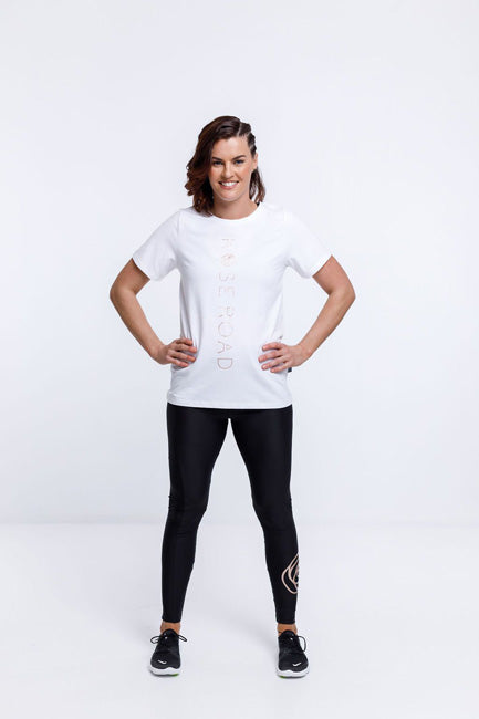 Rose Road Tee Rose Gold Vertical RR Logo