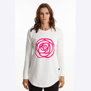 Rose Road Harper Ls Tee - White With Neon Pink Rose